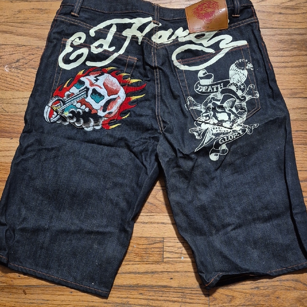 Ed Hardy Black Denim Shorts with Skull and Flame